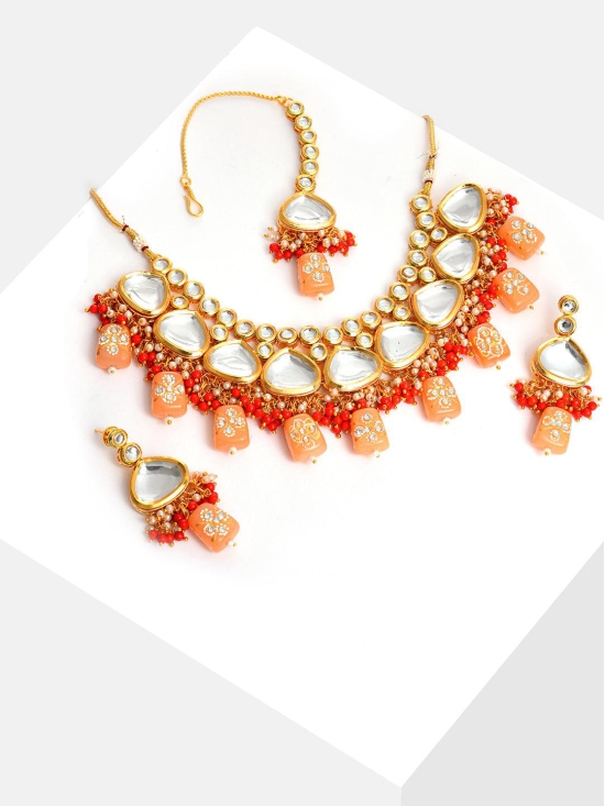 Gold Plated Kundan Beaded Necklace, Earrings and Maang Tikka Set