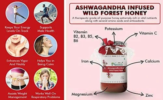 Farm Naturelle-Pure Raw Delicious and Immunity Booster Real Ashwagandha Infused Forest Honey,Immense Medicinal Value Naturally-1.45kg and a Wooden Spoon.