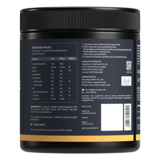 Nutrabay Gold Citrulline Malate 2:1 Supplement Powder - 120g, Lemon Flavor | Boosts Nitric Oxide, Pre Workout Amino Acid for Muscle Strength & Endurance