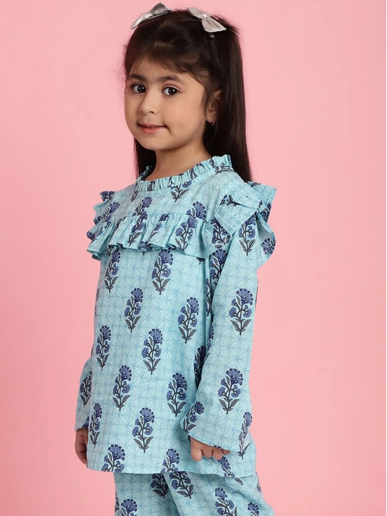 MINI & MING Girls Floral Printed Round Neck Bell Sleeves Pleated A-Line Top