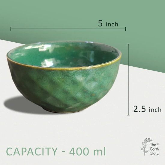 The Earth Store Studio Pottery Green Ceramic Snack Bowls Set of 2 for Serving Pasta, Noodle, Maggi, Cereal Microwave Safe Salad Bowl, Mixing Bowl for Snacks