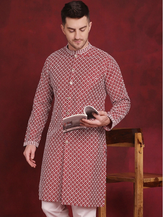 Men Sequin Chikankari Front Open Kurtas-L / Maroon