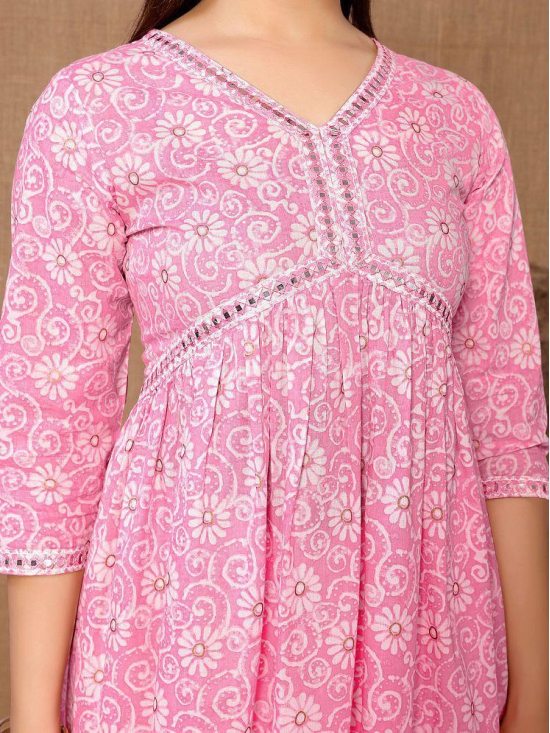 Rangita Women Cotton Pink Embroidered Calf Length Flared Kurti - None