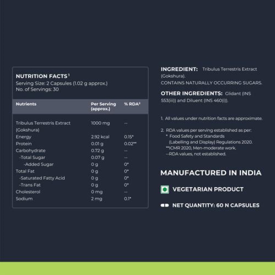 Nutrabay Wellness Tribulus Terrestries (Gokshura) - Natural Support for Energy, Performance & Stamina & Muscle Growth - 1000mg, 60 Veg Capsules