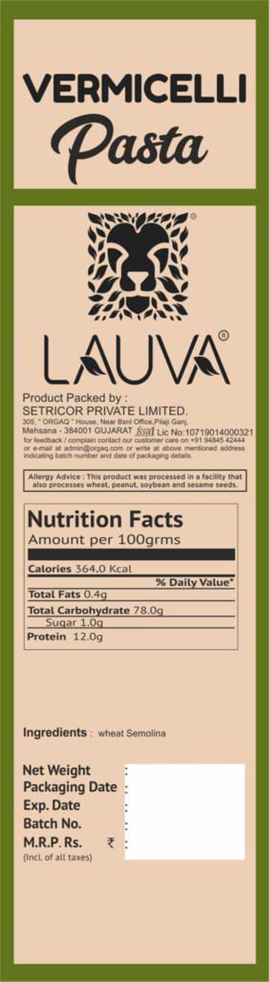 LAUVA Natural Durum Wheat Pasta Vermicelli