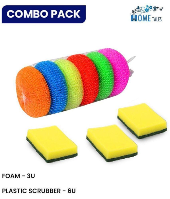 HOMETALES Cleaning Combo Sponge Scrub Pad 3U & Plastic Scrubber 6U