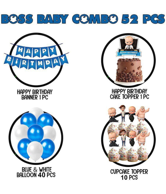 Party Propz Boss Baby Theme Decorations Combo Set - 52Pcs With Happy Birthday Banner, Metallic Balloons, Cake Toppers, Baby Boss Cup Cake Topper for Boys Bday Decorations Items /Kids Supplie