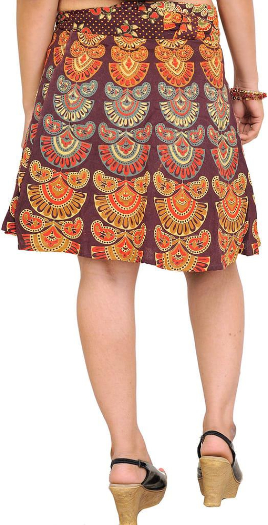 French-Roast Sanganeri Wrap-Around Mini-Skirt with Printed Motifs