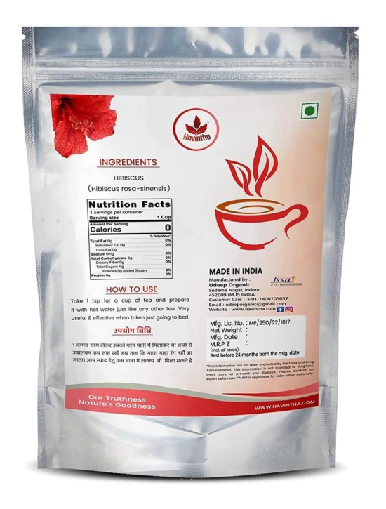 Havintha Natural Hibiscus Flower Tea | Brew Hot or Iced Herbal Tea - Vegan - Totally Caffeine Free - 25 gm | 50 Cups