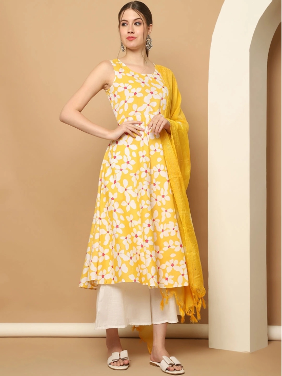 Printed yellow flowers flared kurta pallazos dupatta set-XL / Yellow