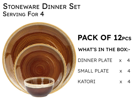 Handcrafted Stoneware Reactive Glaze Ceramic Dinner Set, 12 Pieces Serving for 4, Microwave and Dishwasher Safe, Bone-ash Free, Crockery Set for Dining and Gifting, Peanut Brown