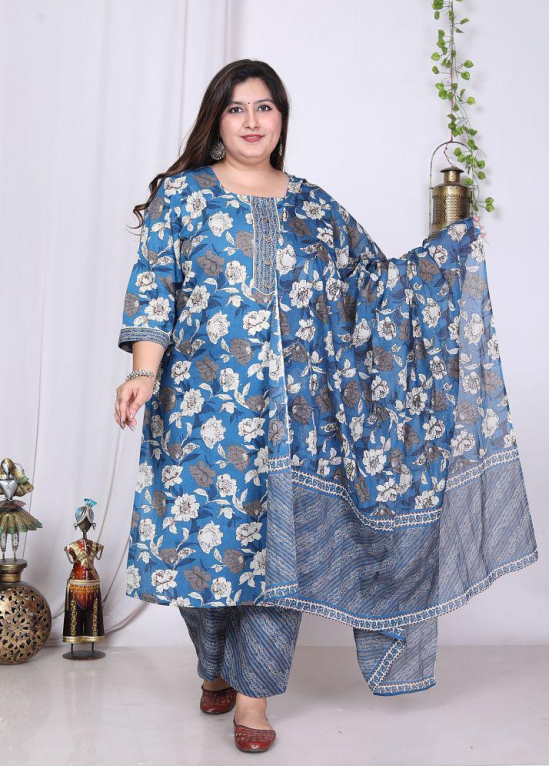 Swasti Cotton Printed Kurti With Palazzo Womens Stitched Salwar Suit - Blue ( Pack of 1 ) - None