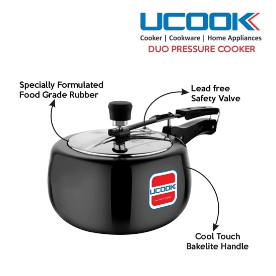 UCOOK By UNITED Ekta Engg. Royale Duo 3 Litre Hard Anodised Aluminium Inner Lid Induction Base Pressure Cooker With Stainless Steel Lid, Black