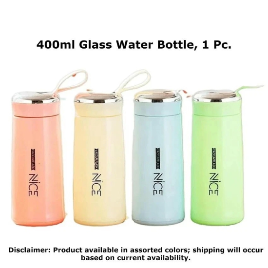 Nice Glass Glass inner liner Water Bottle with Plastic Shell, Assorted Color 400ml, Pack of 1 - Assorted