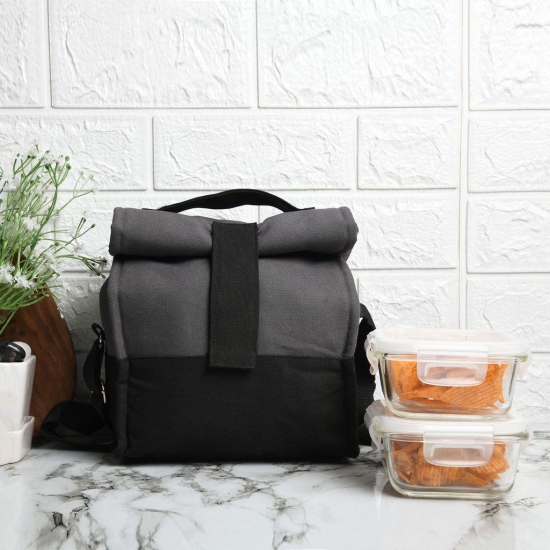 Femora Borosilicate Glass Square Container Grey Black Canvas Lunch Box- 300ml, Set of 2