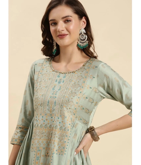 Rangita Women Mint Green Chanderi Printed Calf Length Flared Kurti - None