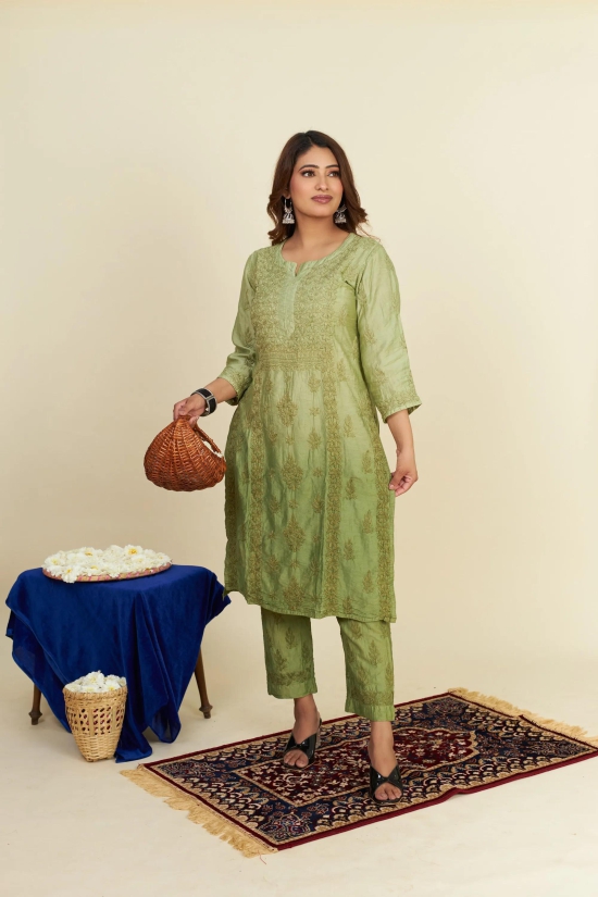 Soft Chanderi 2 pc Kurta set- Ombre Green-Ombre Earth Pink / XXXL