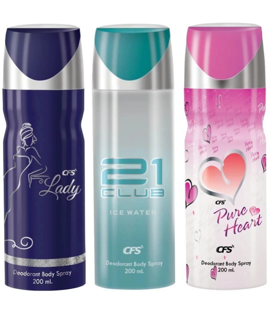 CFS  Ice Water, Lady & Pure Heart Pink Deodorant Spray for Unisex 600 ml ( Pack of 3 )