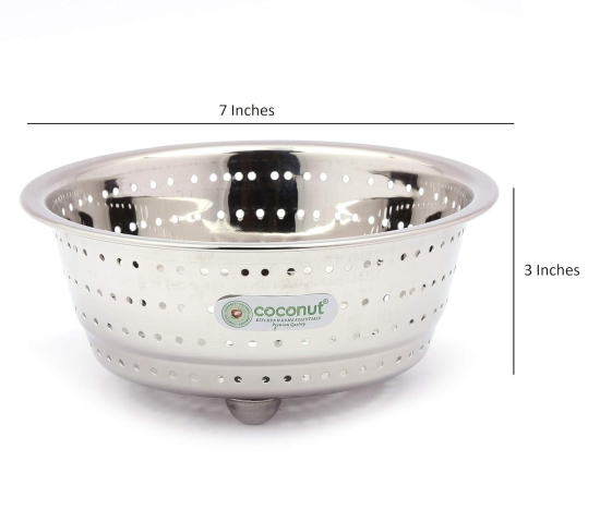 Coconut Stainless Steel Rice, Fruits & Vegetables Basin Strainer/Colander for Kitchen - 1 Unit - (Diamater- 7 Inches)