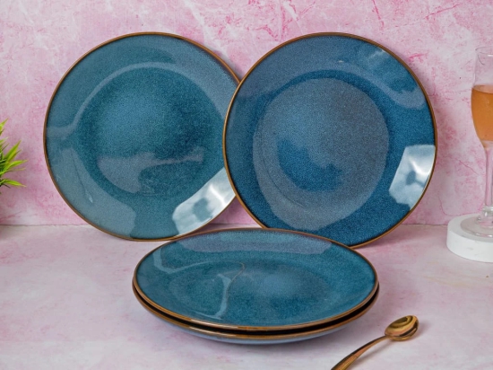 Handcrafted Reactive Glaze Ceramic Dinner Plates, 4 Pieces Serving for 4, Microwave and Dishwasher Safe, Bone-ash Free, Full Plate Set Crockery for Dining and Gifting, Greenish Blue