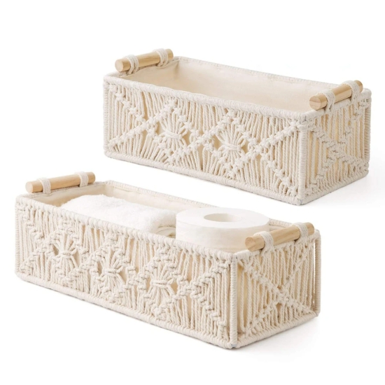 Macrame Basket with wooden Handles Set of 3-White