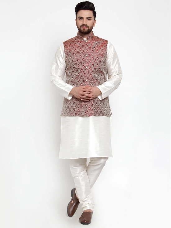 Jompers Mens Solid Dupion Kurta Pajama with Woven Jacquard Waistcoat-S / Maroon