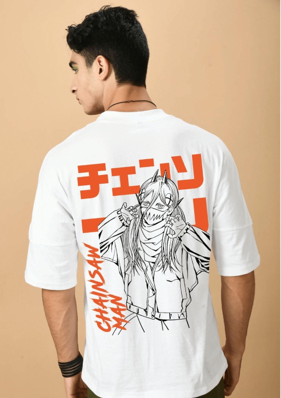 Chainsaw Man Printed White Kimono Oversized T-shirt By Offmint-S / White