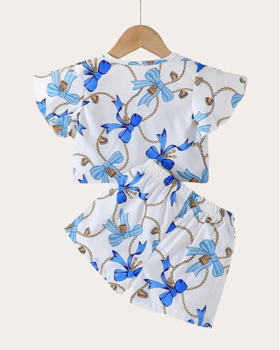 Girls White And Blue Floral Printed Top with Shorts-Blue / 1 - 2 Years