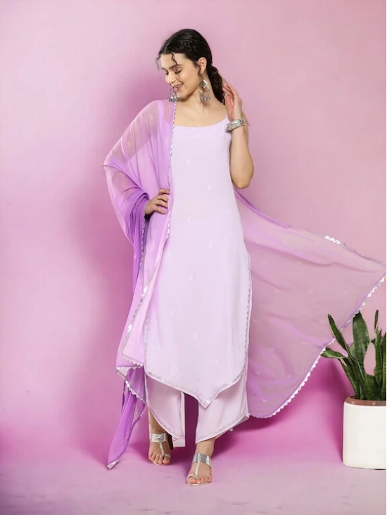 Lavender Floral Printed Shoulder Straps Gotta Patti Kurta With Palazzos & Dupatta