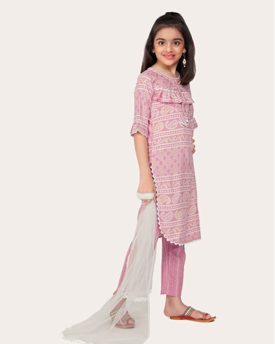 Kid Girls Designer Cotton Printed Top Bottom With Dupatta Pink-Pink / 9 - 10 Years