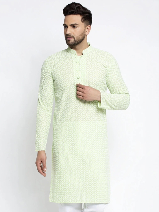 Jompers Mens Dark-Green Embroidered Kurta Only-S / Green