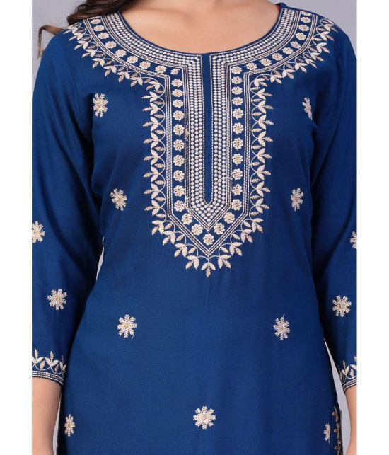 Doriya Cotton Blend Embroidered Kurti With Pants Women''s Stitched Salwar Suit - Blue ( Pack of 1 ) - None