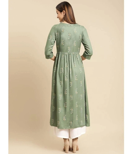 Rangita Women Rayon Green Self Textured Calf Length A-Line Kurti With Gathers At Waist - None