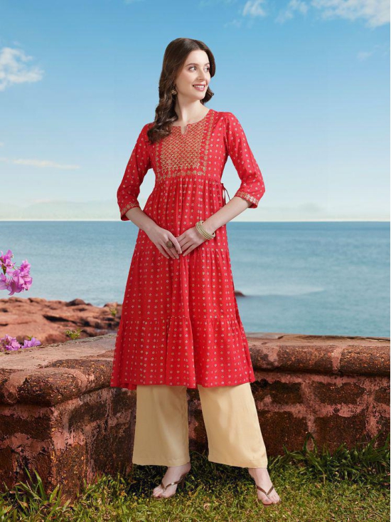 Rangita Women Rayon Red Embroidered Ankle Length Tiered Flared Kurti - None