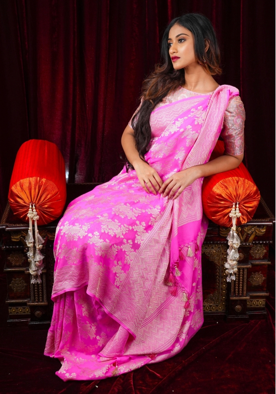 Rose Jaal on Pure Banarasi Silk Georgette Saree in Pink | SILK MARK CERTIFIED