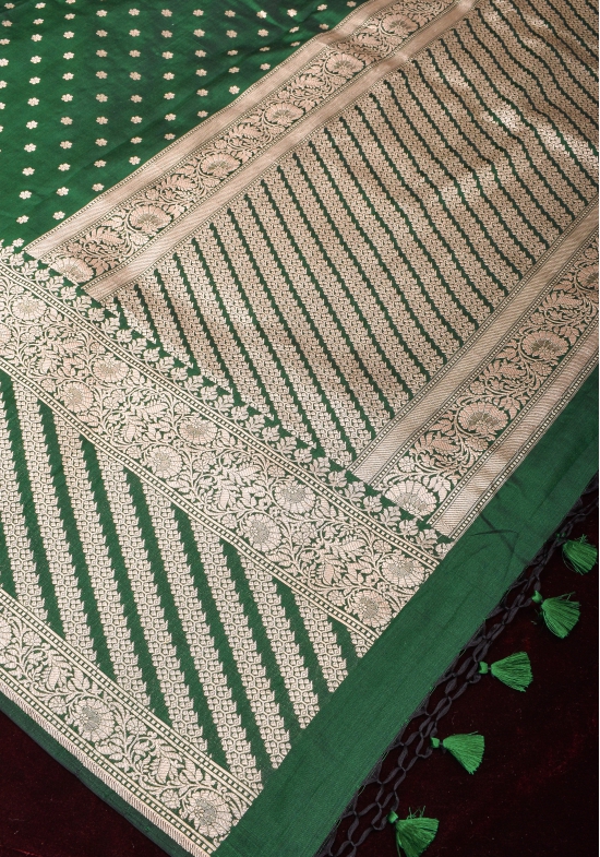 Bottle Green Banarasi Katan Silk Saree with Chunri Butis and Skirt Border | SILK MARK CERTIFIED