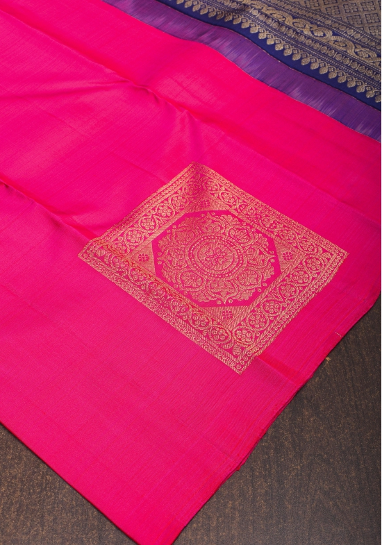 Hot Pink Borderless Kanjivaram Soft Silk Saree  with Square Motifs  and contrast Pallu| SILK MARK CERTIFIED