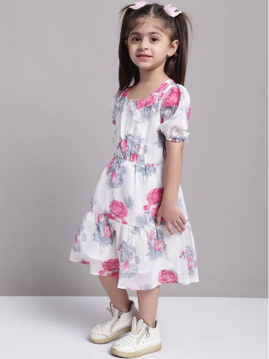 MINI & MING Girls Floral Printed Puff Sleeve Georgette A-Line Midi Dress