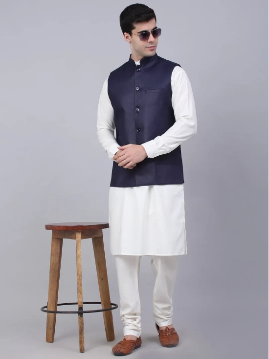 Men Navy Blue Solid Woven Sleeveless Nehru Jackets-S / Navy-Blue