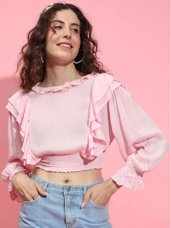 Oxolloxo Women Solid Puff Sleeve Ruffles Crop Top