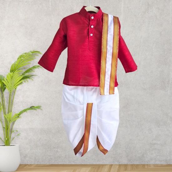 Maroon Cotton Silk Kurta and Dhoti set with Uparna/Angavastram-00 (0-6 months)