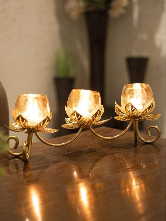 Round Gold 3In1 Glass Flower Tea Light Candle Holder