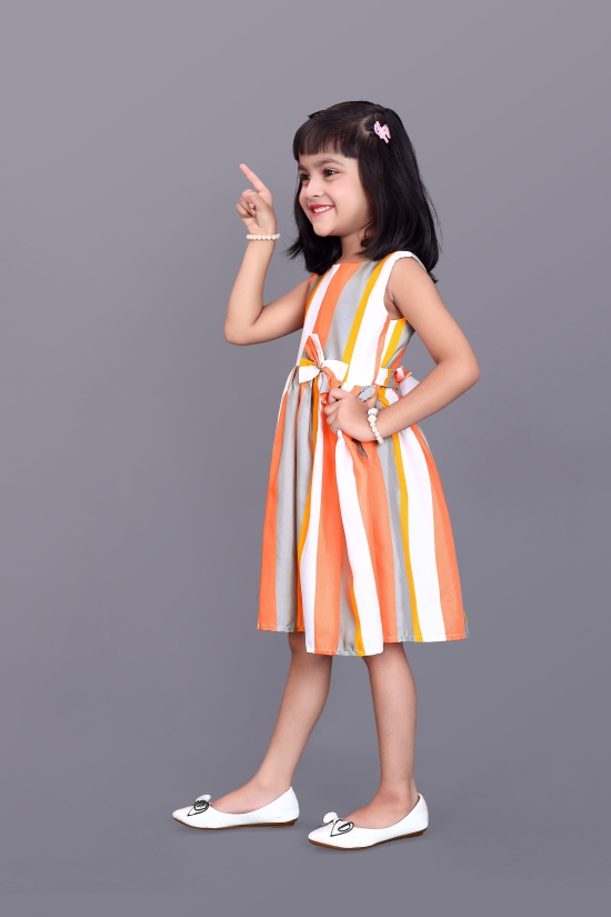 Kids Girls Knee Length Striped Multicolour Design Festive/Wedding Fit & Flare Dress-5 - 6 Year