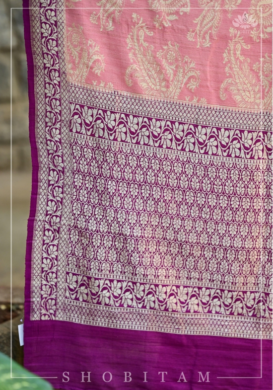 Lotus Pink and Plum Tussar Georgette Silk Saree | SILK MARK CERTIFIED | Shobitam Saree