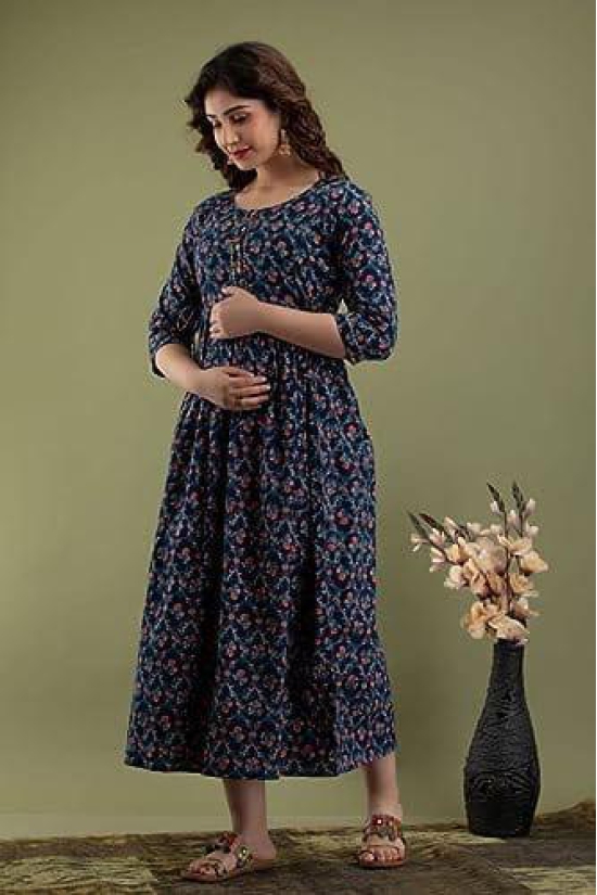 KASHVI Creation Women's Cotton Floral Printed Anarkali Maternity Feeding Kurti-Navy Blue