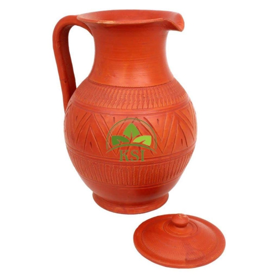 KSI Clay Jug, Terracotta Water Jug, Mud Pot | Pitcher 1.7 Ltr. | Mitti ka jug for Drinking Water with Lid | Natural/Earthen Clay | Handmade Matka/surahi/mitti Ghada with Beautiful Design - 1.7 liters