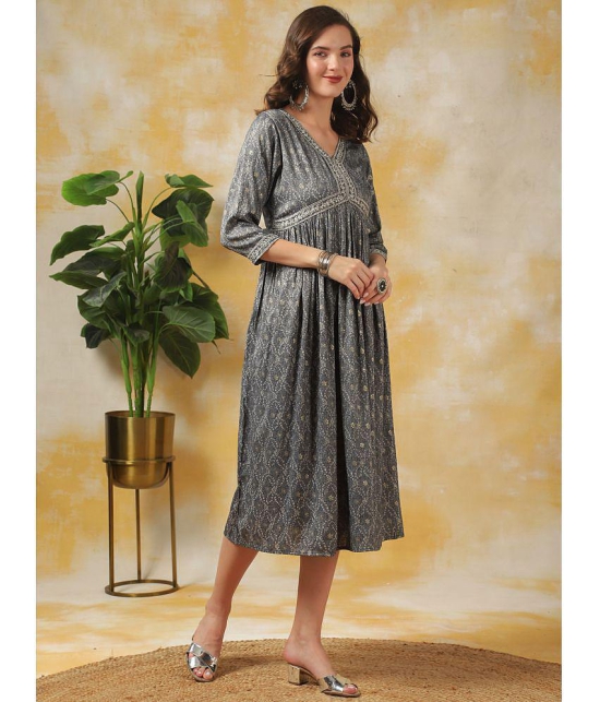 Rangita Women Grey Rayon Printed Empire Dress Calf Length Ethnic Dress with Belt - None