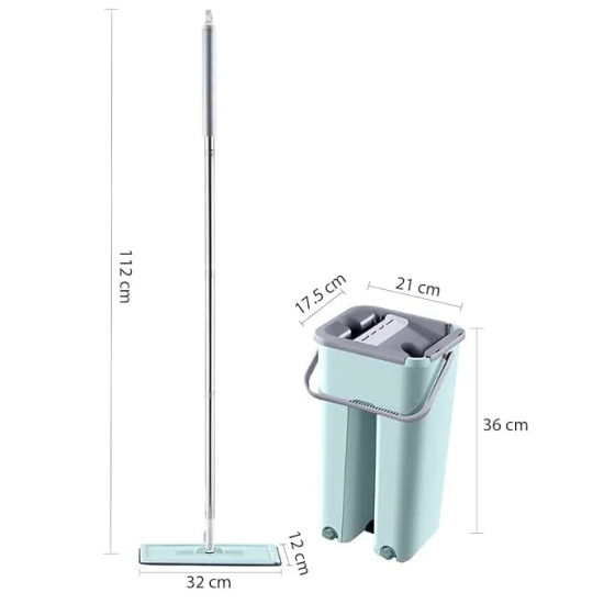 STELLIX Mop with Bucket for Floor Cleaning|Flat Mop with Telescopic Stick for Cleaning Floor|Wet & Dry Cleaning Operation with Self Clean System|Equipped with 2 Microfiber Pad|Small Green