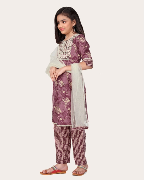 Kid Girls Embroidered Cotton Printed Full stitched Nayara Cut Kurtis with Bottom Dupatta set-Purple / 13 - 14 Years