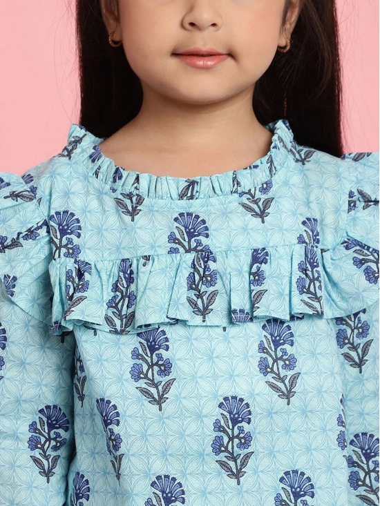 MINI & MING Girls Floral Printed Round Neck Bell Sleeves Pleated A-Line Top